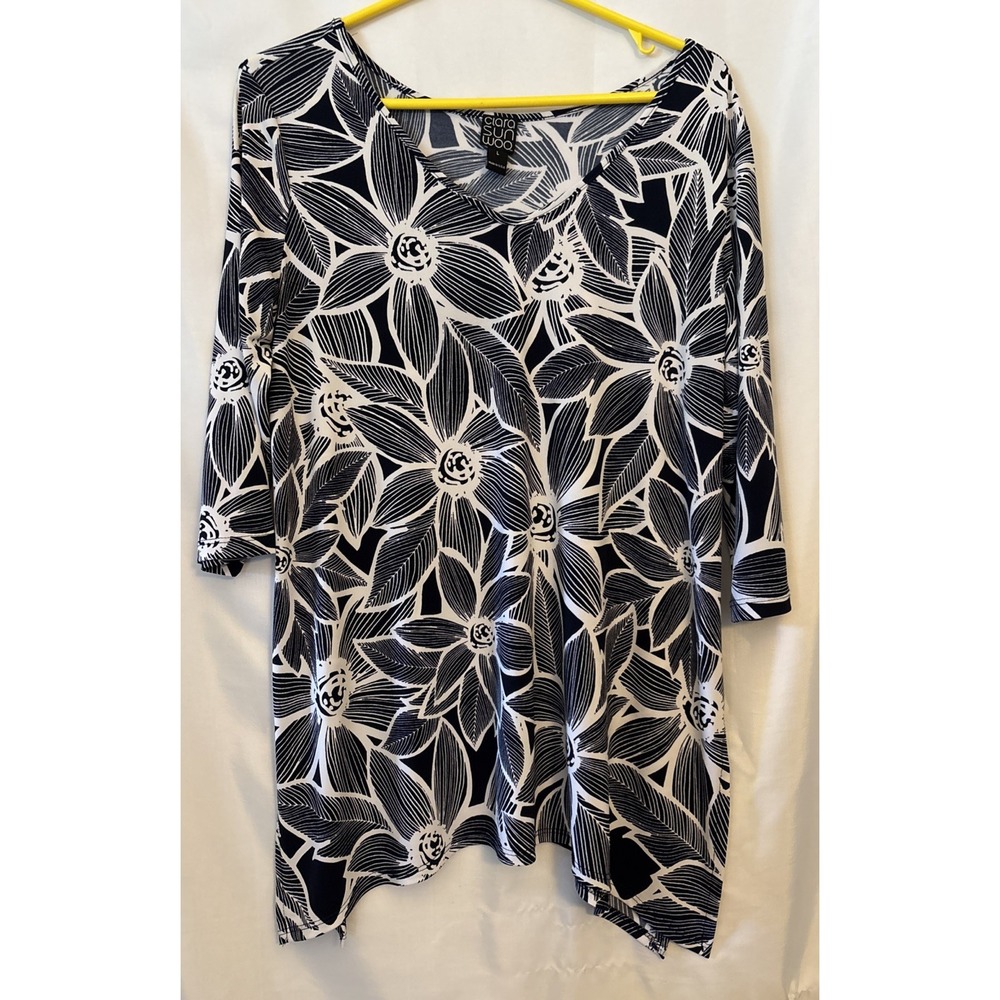 Clara Sun Woo LG Navy Blue White Tunic Top Blouse Print 3/4 Sleeve Shark Bite